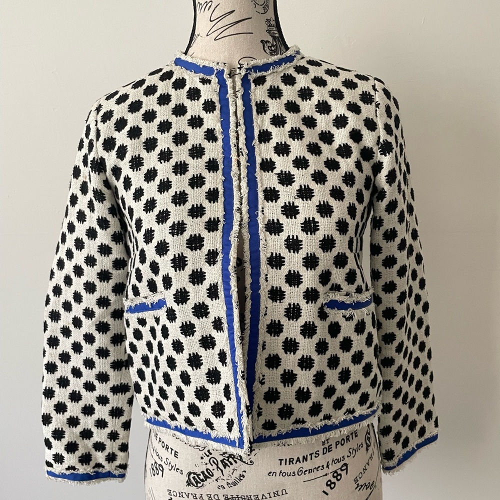 Oscar de la Renta Black and White Patterned Tweed Jacket with Blue Accents